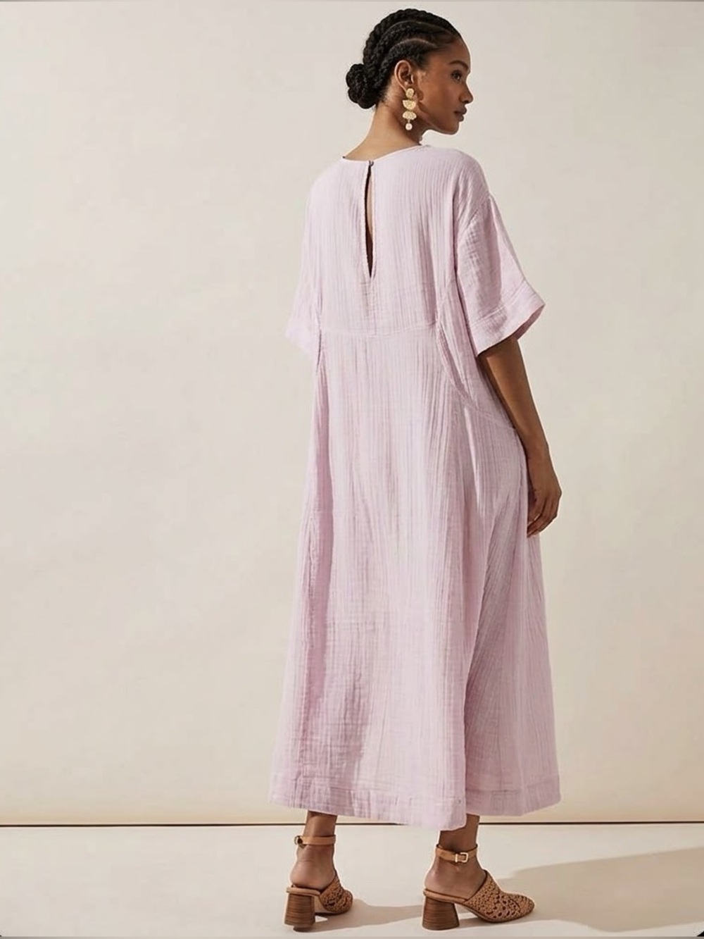 Free People Live Light 100% Gauzy Cotton Lagenlook Midi Dress in Light Pink